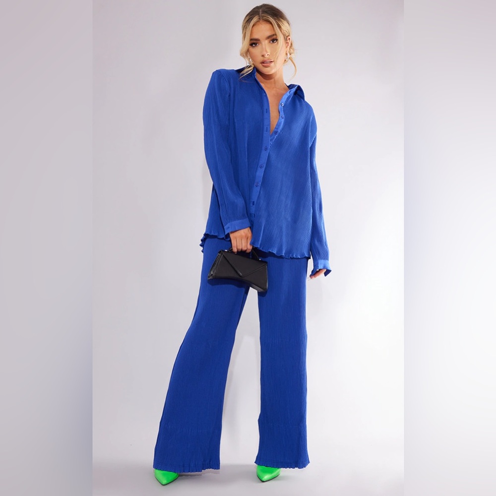 Bright Blue Plisse High Waisted Wide Leg Pants